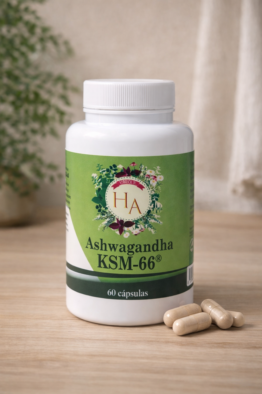 "Bote de Ashwagandha KSM-66 ecológica con 60 cápsulas — Suplemento natural adaptógeno para reducir el estrés y mejorar el bienestar físico y mental."