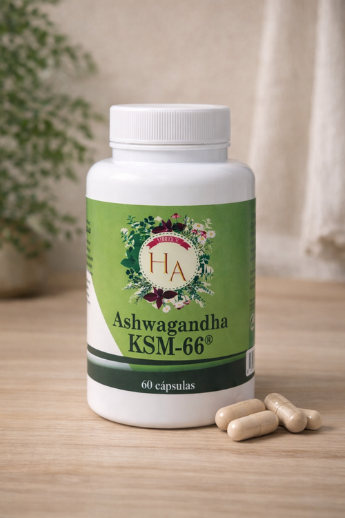 "Bote de Ashwagandha KSM-66 ecológica con 60 cápsulas — Suplemento natural adaptógeno para reducir el estrés y mejorar el bienestar físico y mental."