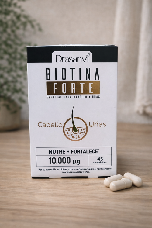 Biotina Forte 10.000 µg con zinc y hierro, complemento alimenticio para el mantenimiento del cabello y las uñas