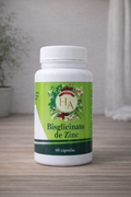 Bote de bisglicinato de zinc 25 mg con 60 cápsulas sobre fondo neutro en herbolario.