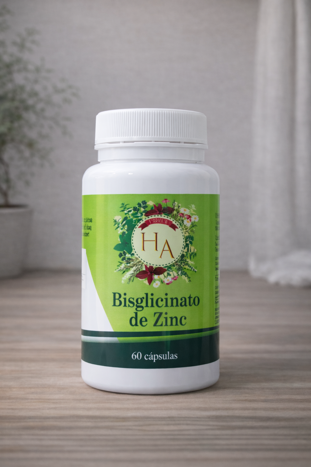 Bote de bisglicinato de zinc 25 mg con 60 cápsulas sobre fondo neutro en herbolario.