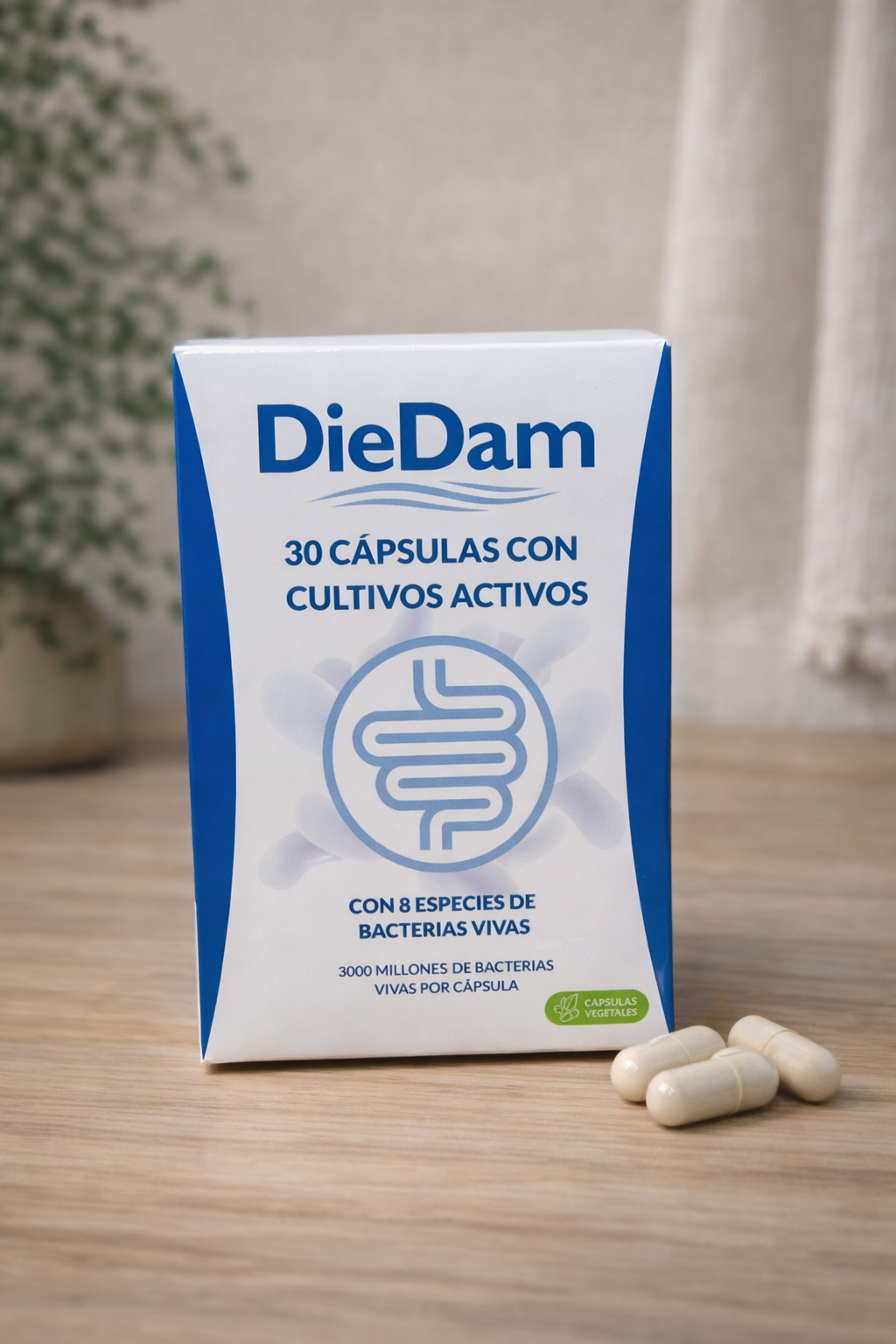 DieDam, complemento alimenticio probiótico con 8 especies de bacterias vivas y cápsulas vegetales