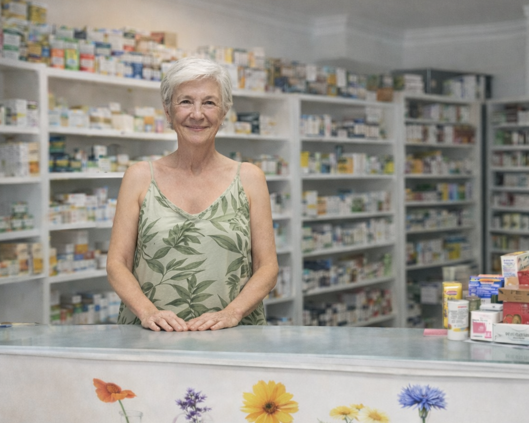 Ana atendiendo en el mostrador de su herbolario, rodeada de productos naturales y suplementos