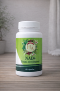 Bote de NAD+ con trans-resveratrol 60 cápsulas sobre fondo neutro en herbolario.