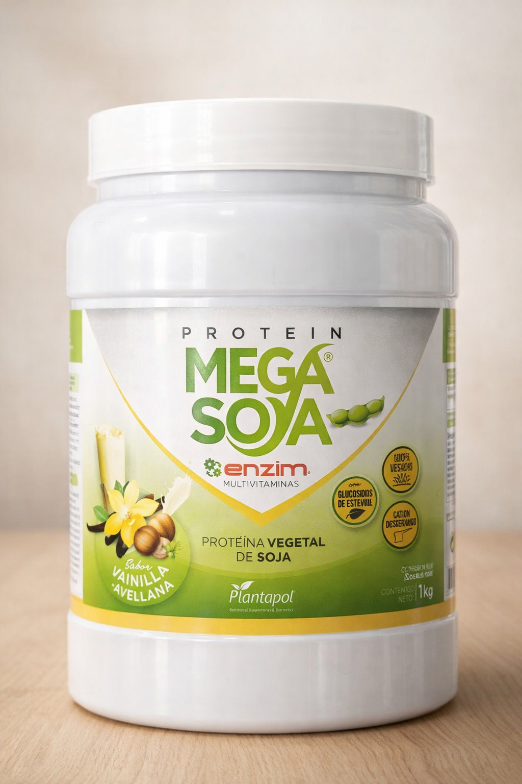 Proteína vegetal de soja 1kg sabor vainilla-avellana con complejo vitamínico y enzimas digestivas. Apta para veganos.